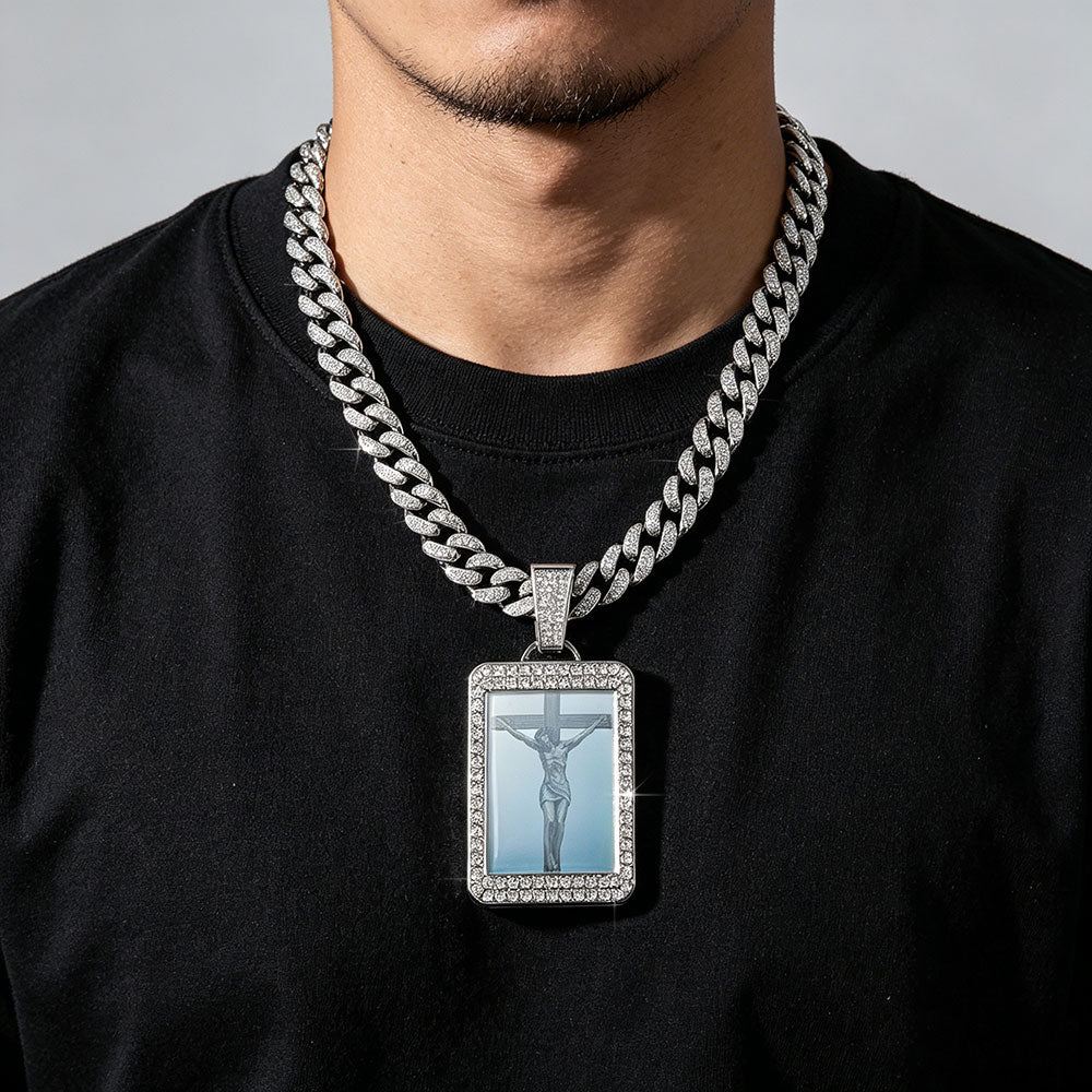 non-jewelry Jesus Crucifix Photo Pendant Cuban Link Necklace