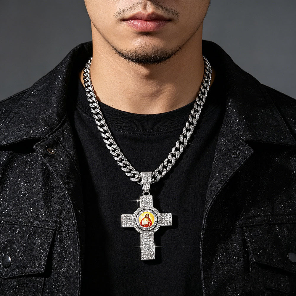 non-jewelry Faith-Inspired Heart Jesus Rotating Cross Cuban Link Necklace