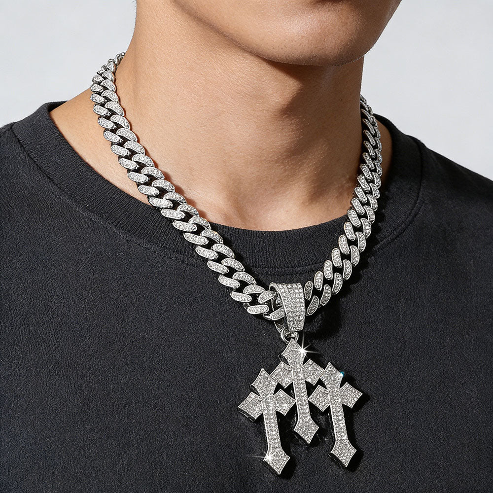 non-jewelry Triple Cross Cuban Link Statement Necklace - Gold & Silver Tone