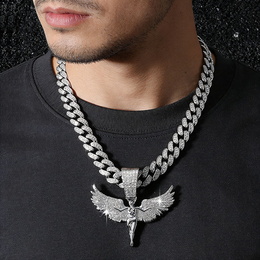 non-jewelry Iced Angel Wing Cuban Link Statement Necklace - Gold & Silver Tone