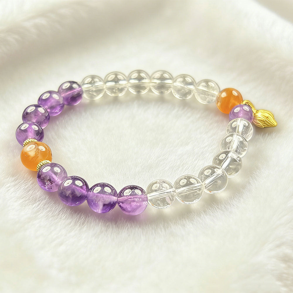 non-jewelry Clear Quartz Amethyst Beaded Bracelet with Lotus Charm
