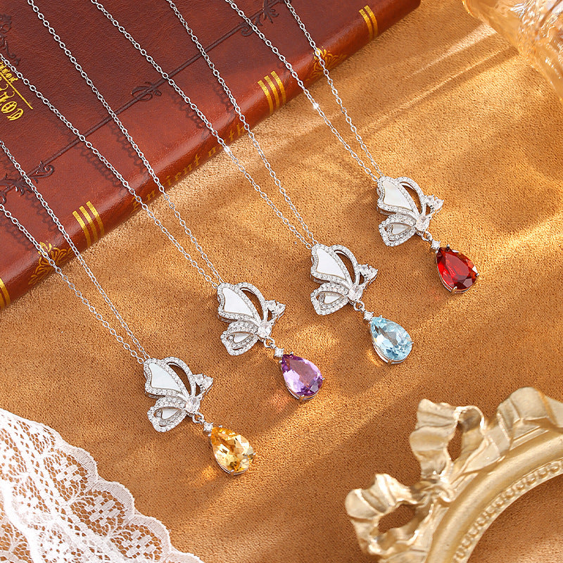 non-jewelry Butterfly Pendant Necklace in 925 Silver with Gemstone Drop