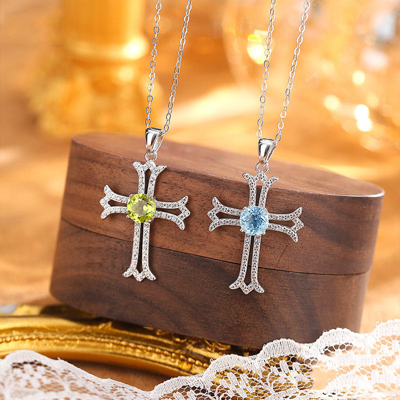 non-jewelry Cross Pendant Necklace in 925 Silver with Gemstone Center