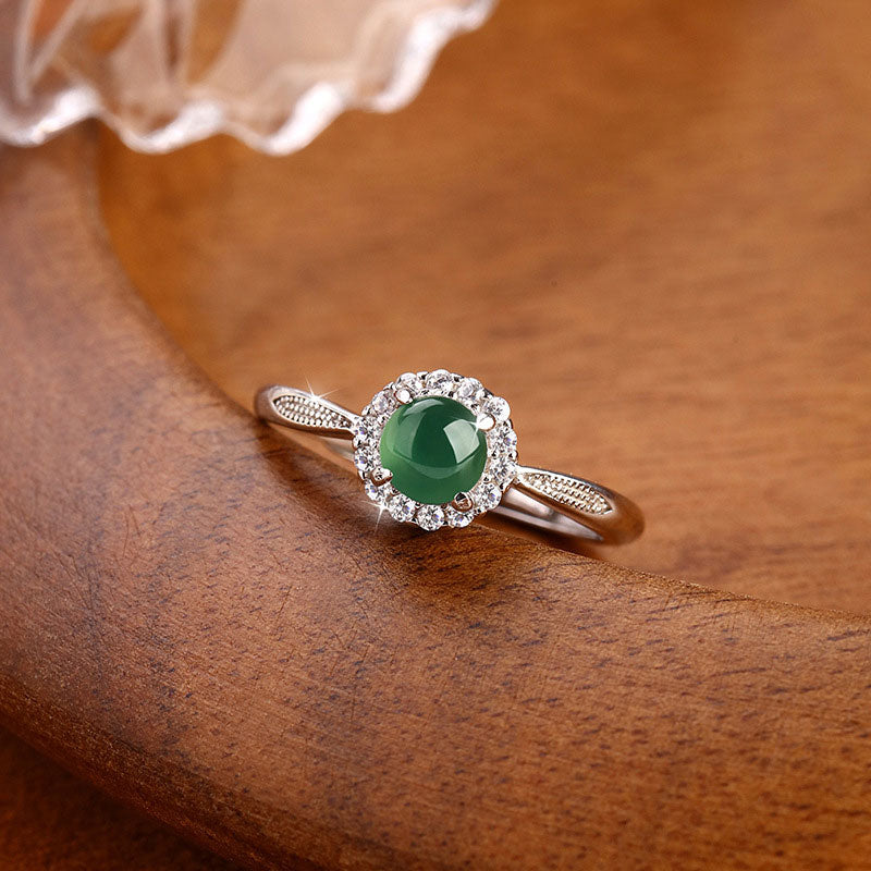 non-jewelry Blue Water Jadeite Open Ring, S925 Silver with Rhinestone Halo