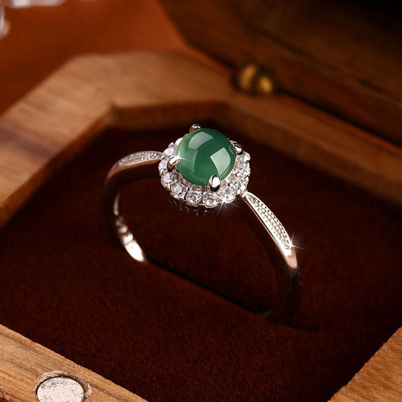 non-jewelry Blue Water Jadeite Open Ring, S925 Silver with Rhinestone Halo