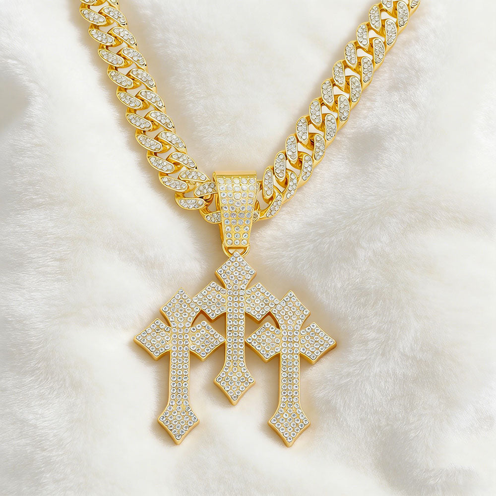 non-jewelry Triple Cross Cuban Link Statement Necklace - Gold & Silver Tone